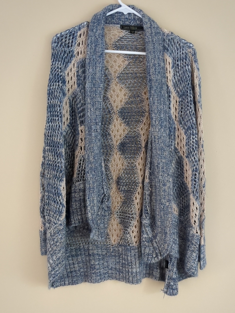 Medium Love Stitch Open Front Blue Cardigan Sweater